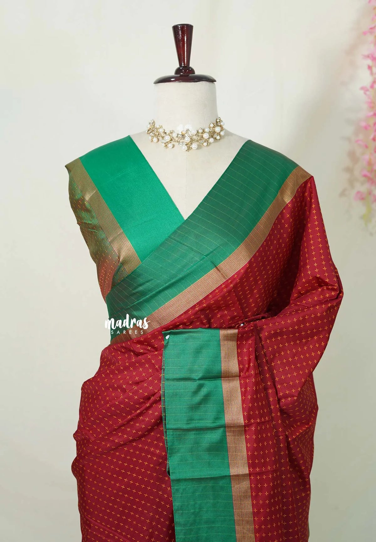 Majestic Maroon with Green - Arani semi silk saree with weaving plus buttas - Best for Regular Wear | Temple visit