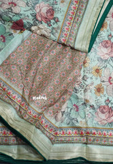 Aqua Green with Dark Green Piping - Malai Silk with Floral Prints and Small Border with Piping - Best for Regular Wear
