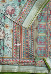 Aqua Green with Olive Green Piping - Malai Silk with Floral Prints and Small Border with Piping - Best for Regular Wear