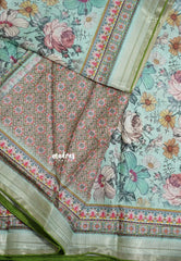 Aqua Green with Olive Green Piping - Malai Silk with Floral Prints and Small Border with Piping - Best for Regular Wear