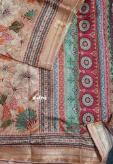 Earthy Peach with Pink Piping - Malai Silk with Floral Prints and Small Border with Piping - Best for Regular Wear