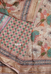 Earthy Peach with Pink Piping - Malai Silk with Floral Prints and Small Border with Piping - Best for Regular Wear