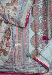Bluish Grey with Queen's Pink Piping - Malai Silk with Floral Prints and Small Border with Piping - Best for Regular Wear