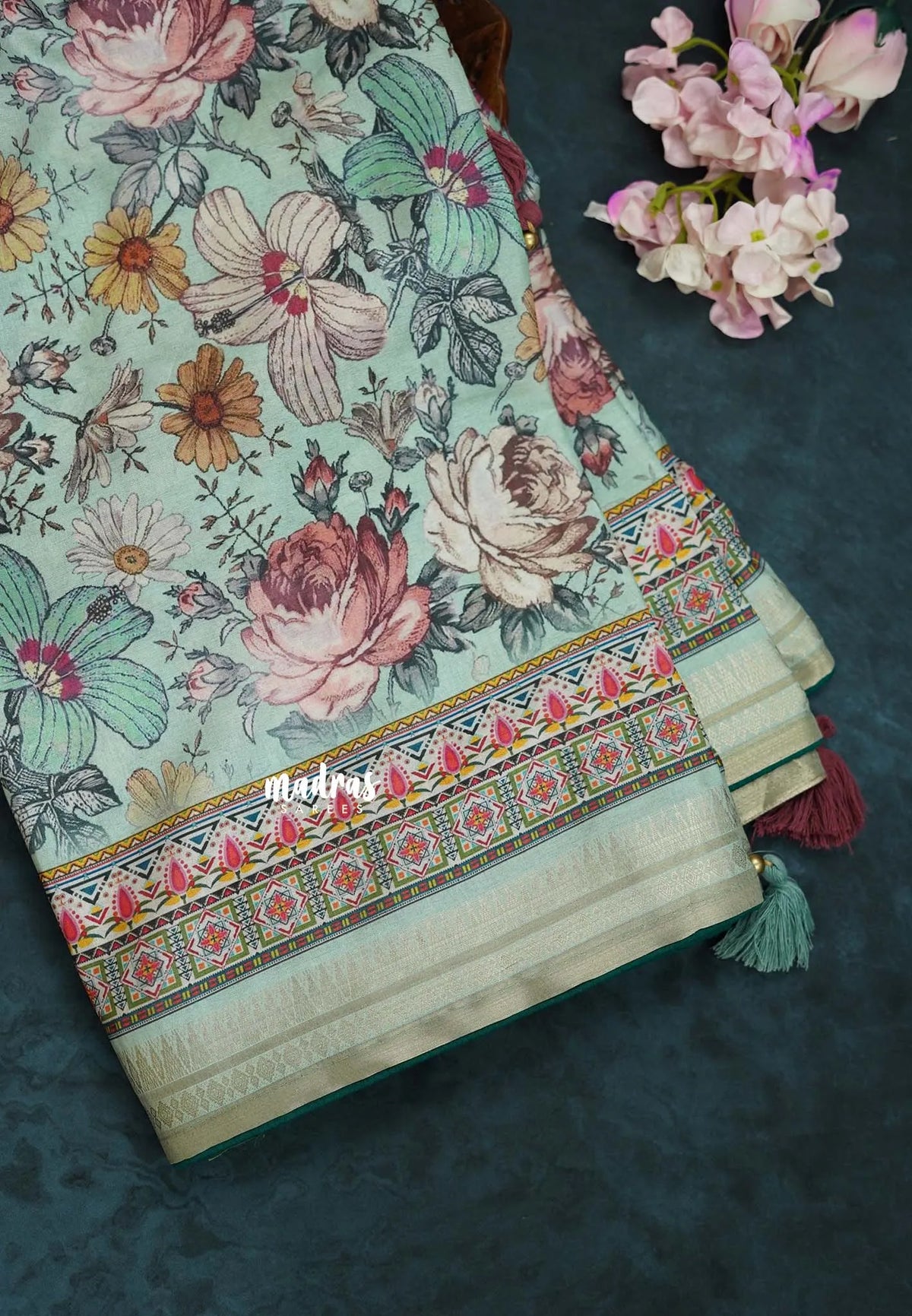 Aqua Green with Dark Green Piping - Malai Silk with Floral Prints and Small Border with Piping - Best for Regular Wear