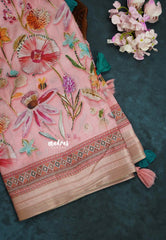 Pink - Malai Silk with Floral Prints and Small Border - Best for Regular Wear