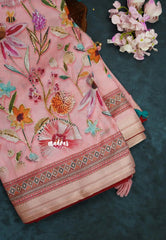 Pink with Red Piping - Malai Silk with Floral Prints and Small Border with Piping - Best for Regular Wear