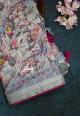 Bluish Grey with Queen's Pink Piping - Malai Silk with Floral Prints and Small Border with Piping - Best for Regular Wear