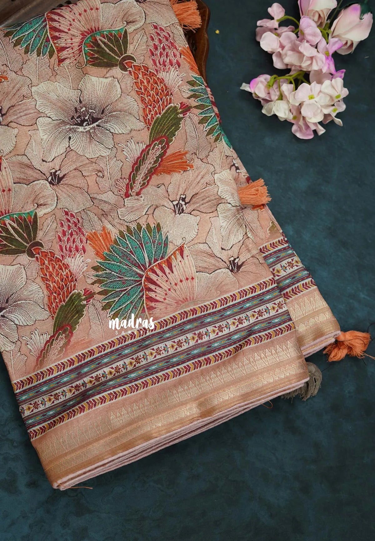Earthy Peach with Pink Piping - Malai Silk with Floral Prints and Small Border with Piping - Best for Regular Wear