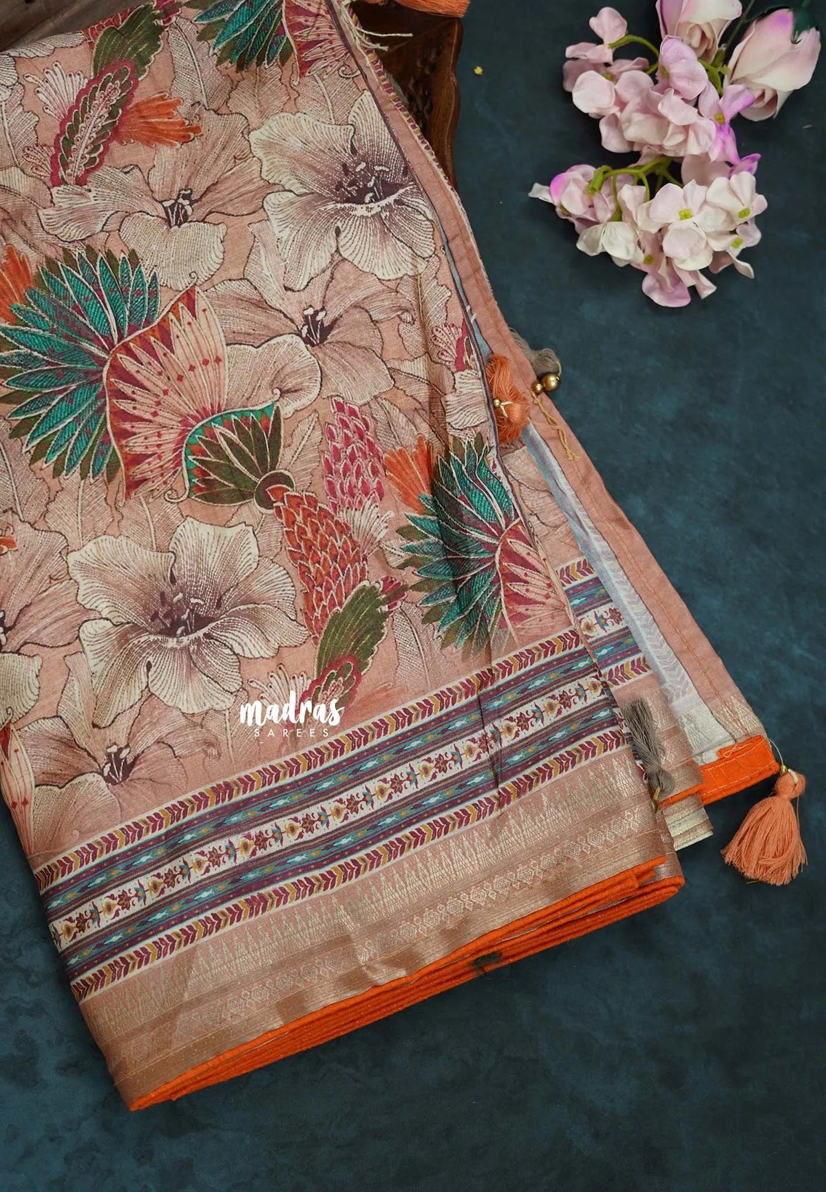Earthy Peach with Orange Piping - Malai Silk with Floral Prints and Small Border with Piping - Best for Regular Wear