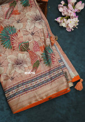 Earthy Peach with Orange Piping - Malai Silk with Floral Prints and Small Border with Piping - Best for Regular Wear