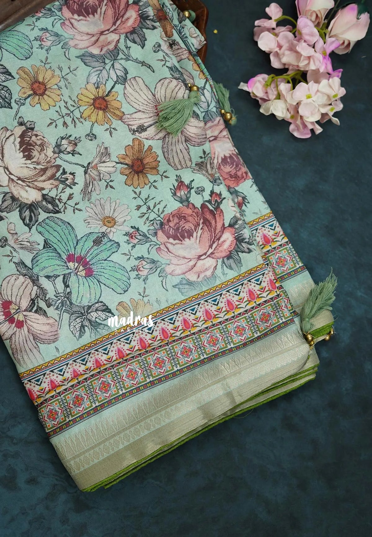 Aqua Green with Olive Green Piping - Malai Silk with Floral Prints and Small Border with Piping - Best for Regular Wear