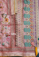 Pink with Yellow Piping - Malai Silk with Floral Prints and Small Border with Piping - Best for Regular Wear