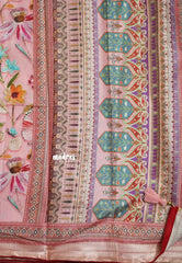 Pink with Red Piping - Malai Silk with Floral Prints and Small Border with Piping - Best for Regular Wear