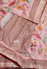 Pink with Red Piping - Malai Silk with Floral Prints and Small Border with Piping - Best for Regular Wear