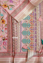 Pink - Malai Silk with Floral Prints and Small Border - Best for Regular Wear