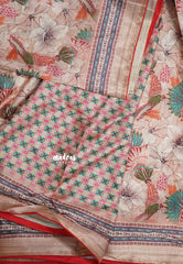 Earthy Peach with Red Piping - Malai Silk with Floral Prints and Small Border with Piping - Best for Regular Wear