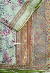 Aqua Green with Green Piping - Malai Silk with Floral Prints and Small Border with Piping - Best for Regular Wear