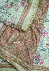 Aqua Green with Green Piping - Malai Silk with Floral Prints and Small Border with Piping - Best for Regular Wear