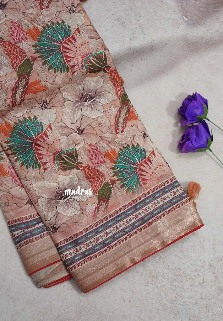 Earthy Peach with Red Piping - Malai Silk with Floral Prints and Small Border with Piping - Best for Regular Wear