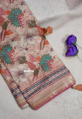 Earthy Peach with Pink Piping - Malai Silk with Floral Prints and Small Border with Piping - Best for Regular Wear