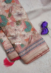 Earthy Peach with Queen's Pink Piping - Malai Silk with Floral Prints and Small Border with Piping - Best for Regular Wear