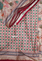 Earthy Peach with Queen's Pink Piping - Malai Silk with Floral Prints and Small Border with Piping - Best for Regular Wear