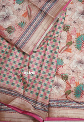 Earthy Peach with Pink Piping - Malai Silk with Floral Prints and Small Border with Piping - Best for Regular Wear