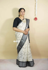 Ivory white - Malgudi printed silk pen kalamkari vanasingaram prints with zari border