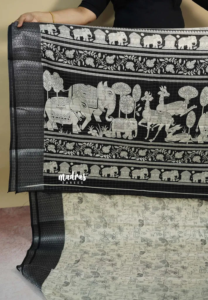 Ivory white - Malgudi printed silk pen kalamkari vanasingaram prints with zari border