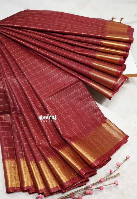 Majestic Maroon - Mangalgiri semi pattu checks body with getti border