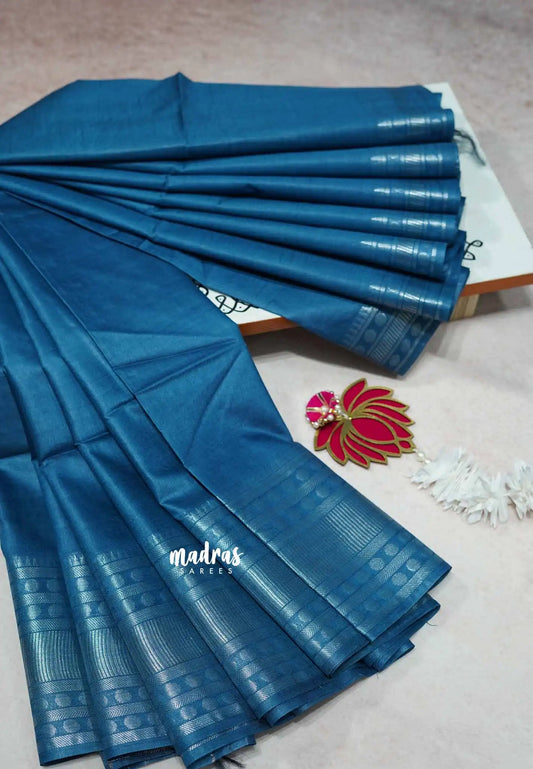 Peacock Blue -  Mangalgiri semi pattu plain body with silver rudraksham border