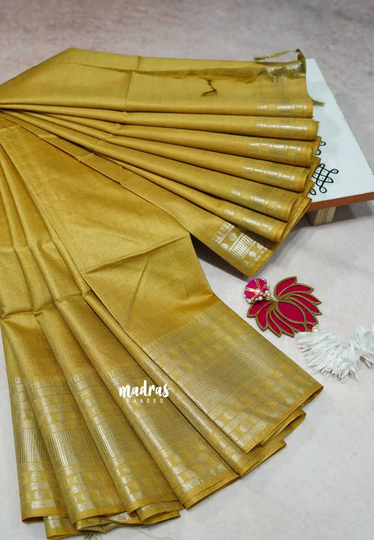 Golden yellow -  Mangalgiri semi pattu plain body with silver rudraksham border