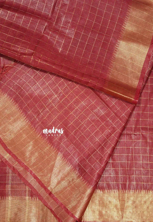 Majestic Maroon - Mangalgiri semi pattu checks body with getti border