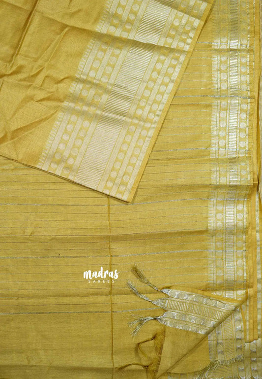 Golden yellow -  Mangalgiri semi pattu plain body with silver rudraksham border