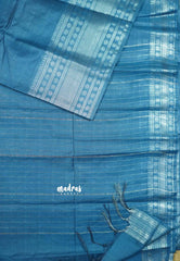 Peacock Blue -  Mangalgiri semi pattu plain body with silver rudraksham border