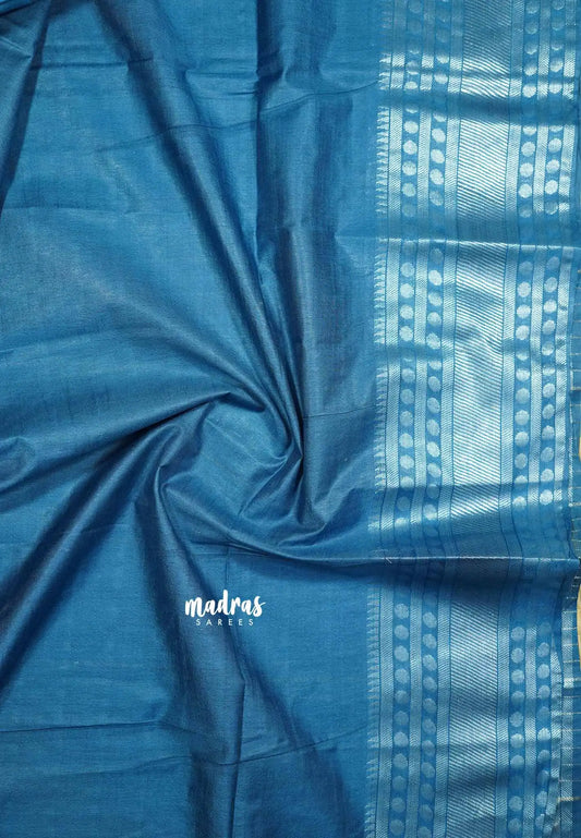 Peacock Blue -  Mangalgiri semi pattu plain body with silver rudraksham border