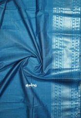 Peacock Blue -  Mangalgiri semi pattu plain body with silver rudraksham border