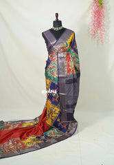 Rangoli Brick Red - Ananya - Soft Mangalore Silk Saree with Kalamkari Prints Partly Pallu - Best for small function