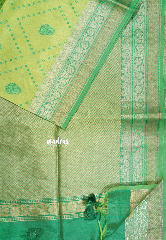 Garden Green - Manjari - Premium raw silk with full weaving buttas body with Multi zari Border