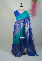 Teal with Blue - Manjari -  Raw Silk in Raising Kanjivaram Weaving Style - Best for Small Functions | Pooja | Reception