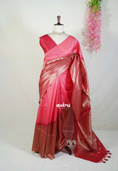 Peach Pink with Maroon Red - Manjari -  Raw Silk in Raising Kanjivaram Weaving Style - Best for Small Functions | Pooja | Reception