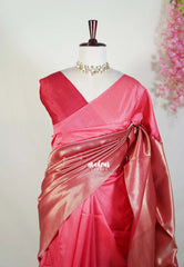 Peach Pink with Maroon Red - Manjari -  Raw Silk in Raising Kanjivaram Weaving Style - Best for Small Functions | Pooja | Reception