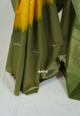 Yellow with Olive Green - Manjari -  Raw Silk in Raising Kanjivaram Weaving Style - Best for Small Functions | Pooja | Reception