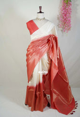 Ivory Cream with Red - Manjari -  Raw Silk in Raising Kanjivaram Weaving Style - Best for Small Functions | Pooja | Reception