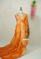 Saffron Orange - Manjari - Raw Silk Premium Paithani Weaving border and work Blouse  - Best for Small Functions | Pooja