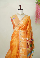 Saffron Orange - Manjari - Raw Silk Premium Paithani Weaving border and work Blouse  - Best for Small Functions | Pooja