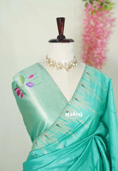Turquoise Green - Manjari - Raw Silk Premium Paithani Weaving border and work Blouse  - Best for Small Functions | Pooja
