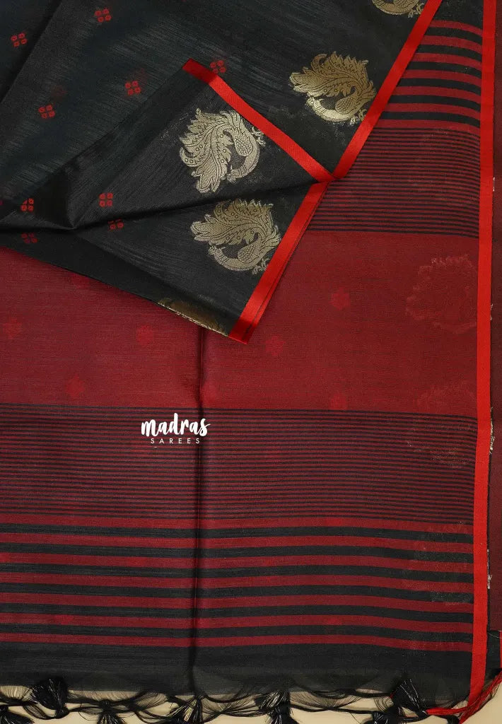Black - Manjari - Premium Raw silk with Peacock weaving border and buttas