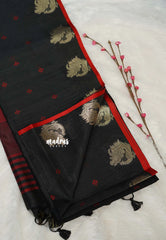 Black - Manjari - Premium Raw silk with Peacock weaving border and buttas