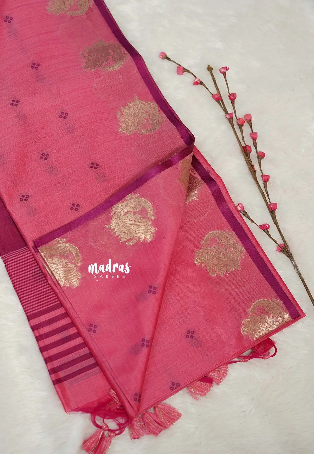 Pastel Pink - Manjari - Premium Raw silk with Peacock weaving border and buttas